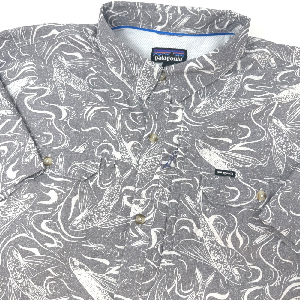 Patagonia Gray Button-Down Shirt with White Fish Print